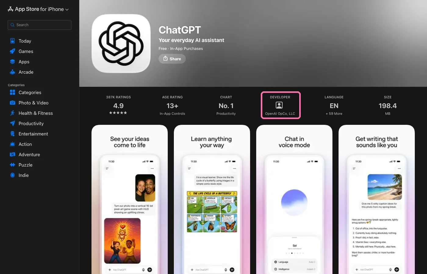 Страница ChatGPT в App Store
